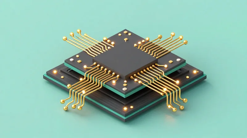 A 3D isometric view of a multi-layer high-precision circuit board with intricate traces.