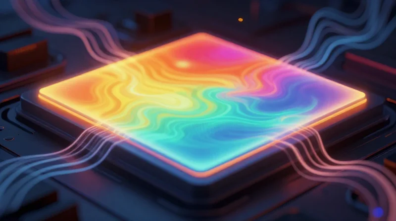 Abstract representation of heat dissipation on electronic components using infrared color palette.