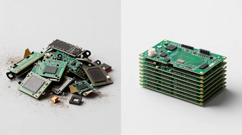 A split-screen composition showing low-quality circuit boards on one side and high-quality boards on the other.