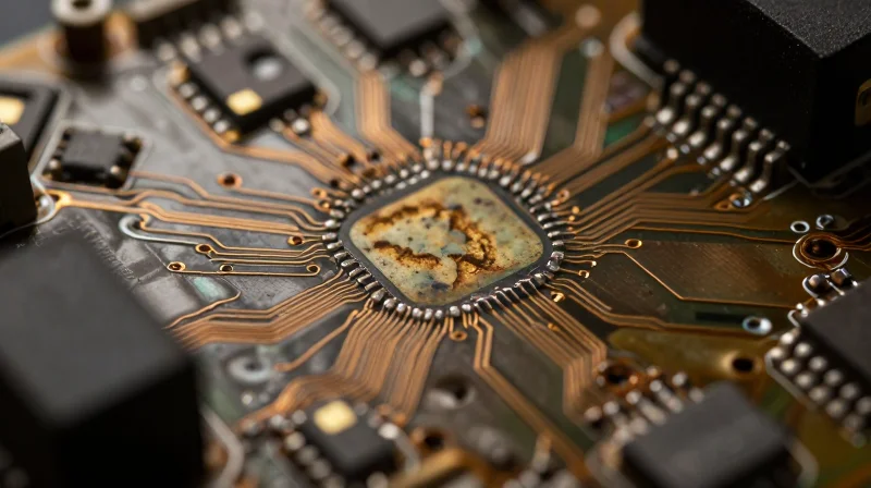 Close-up of a damaged, aged printed circuit board showing signs of thermal wear and corrosion