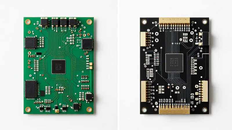 Side-by-side comparison of a standard circuit board and an advanced high-precision circuit board