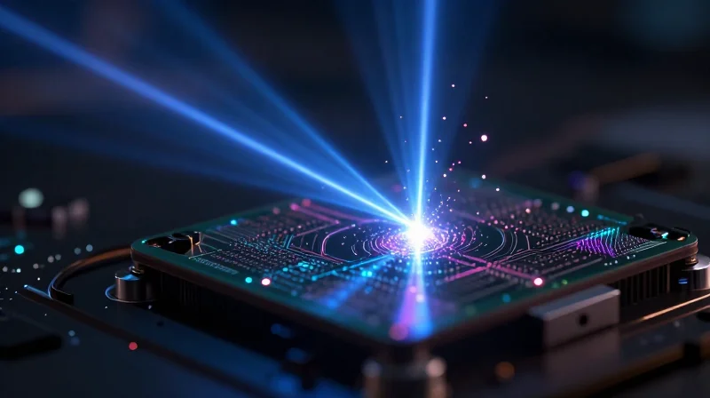 Conceptual image of laser-based drilling on a circuit board substrate