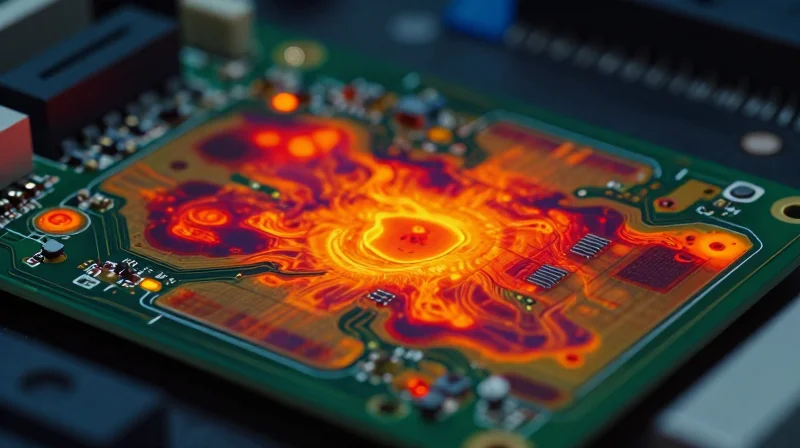 Thermal heatmap of an overheating FR4 circuit board with heat concentration