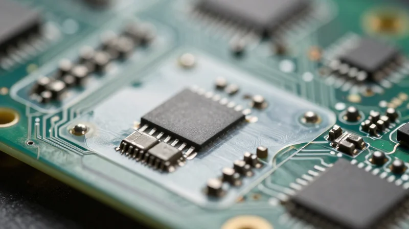 A close-up of a printed circuit board with a shimmering protective conformal coating layer