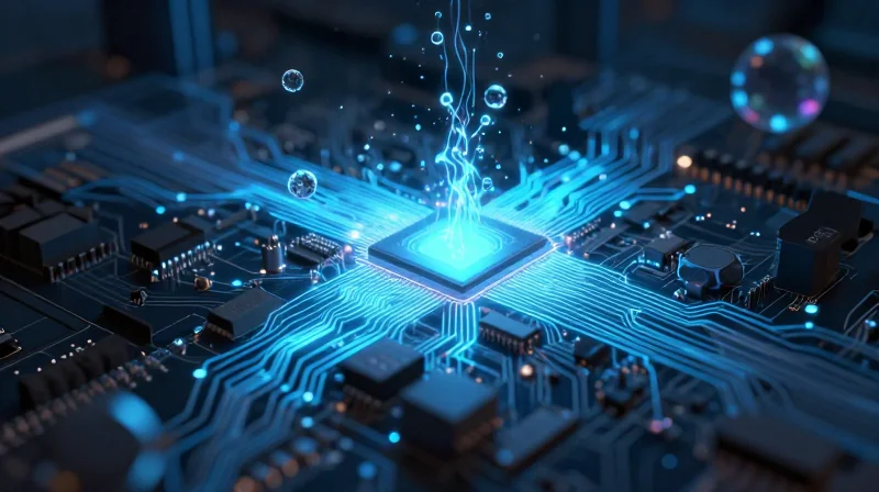 Abstract representation of electronic components facing environmental stressors like heat waves and moisture droplets
