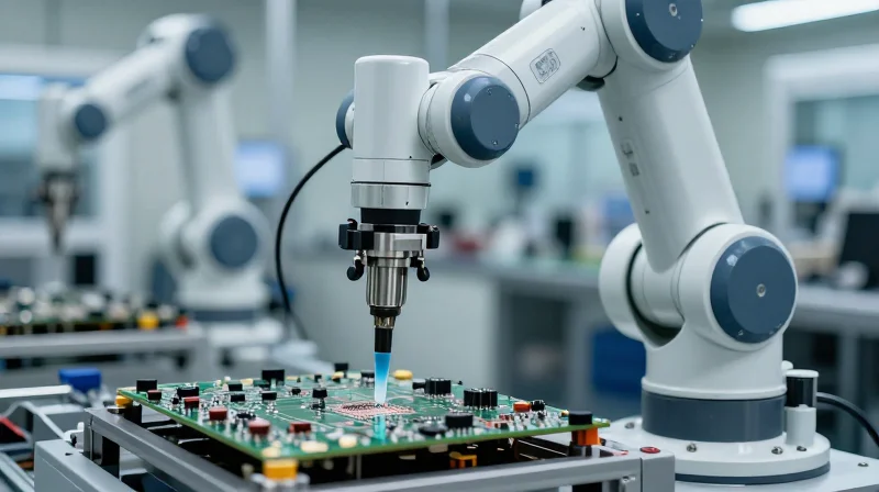 A robotic arm applying a precision spray of conformal coating on a PCB in a clean factory environment