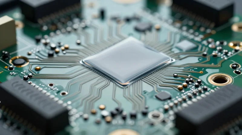 A close-up view of a PCB board with a transparent protective coating layer
