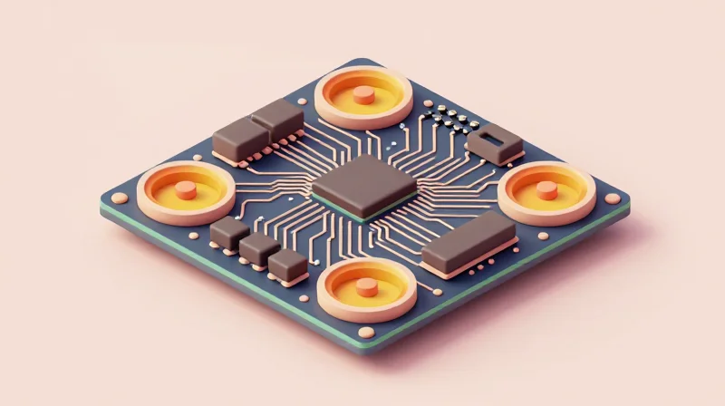 3D visualization of PCB board with clear keep-out zones around electronic components