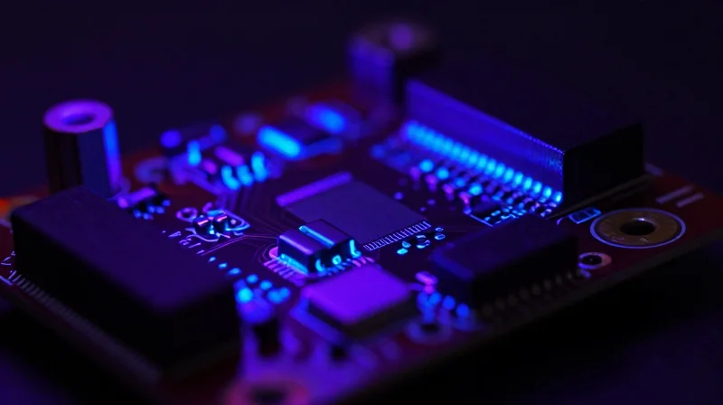 A PCB under UV inspection light showing glowing protective coating