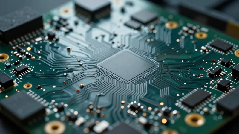 Close-up of high-density electronic circuit boards being inspected in a cleanroom environment.