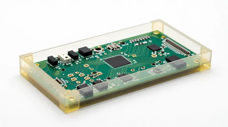 A printed circuit board fully submerged in a thick layer of transparent resin.