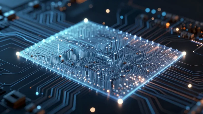 Conceptual representation of a thin protective layer forming over a circuit board in a vacuum chamber.