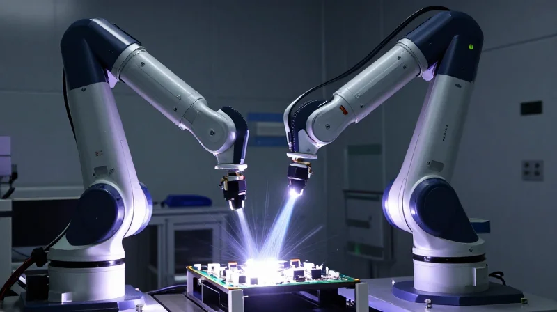 A robotic arm applying coating to a PCB under a focused purple ultraviolet light.