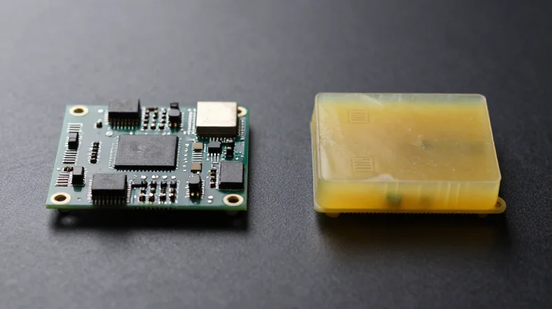 Side-by-side comparison of a thin-coated PCB and a thick-potted module.