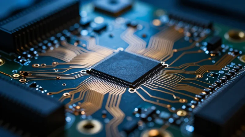 A close-up view of a complex high-frequency PCB board with copper traces showing signal flow and impedance matching.