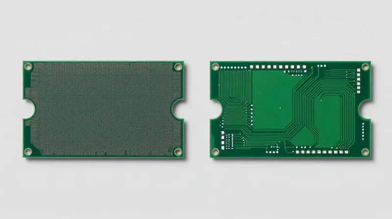 Side-by-side comparison of standard circuit material and high-performance dielectric material in a studio setting.