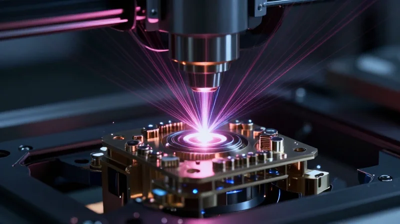 An abstract conceptual view of a 5G hardware component being printed by a precision laser process.