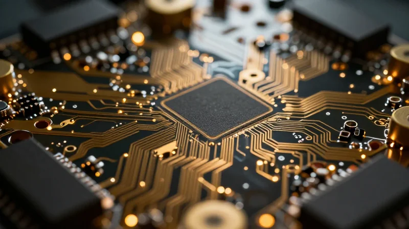 A close-up view of a high-tech printed circuit board assembly showing intricate gold-plated traces and electronic components, focused on the complexity and precision of high-speed data transmission.