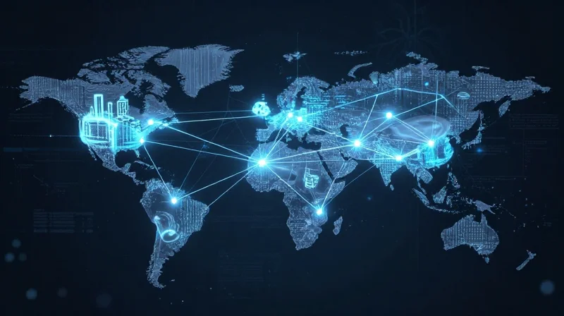 A digital representation of a secure and transparent global supply chain network with glowing nodes and lines, illustrating component traceability.