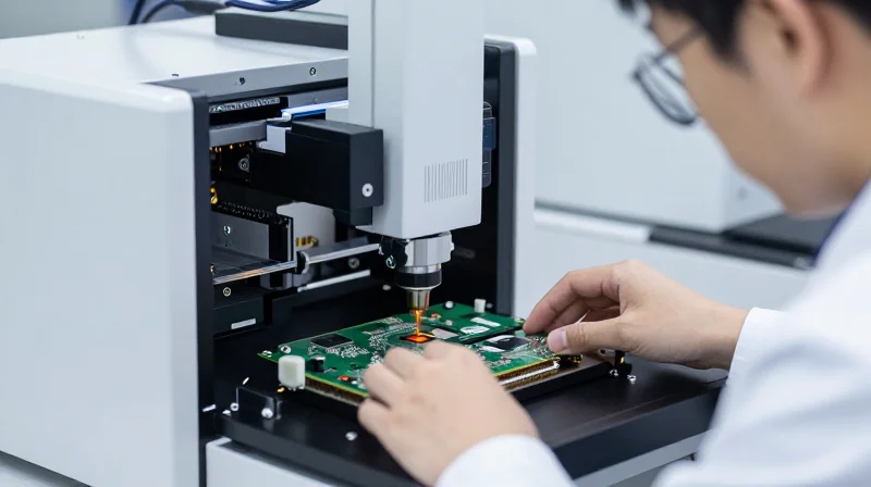 A professional setting depicting high-end diagnostic equipment analyzing a small circuit board, emphasizing precision and quality control.
