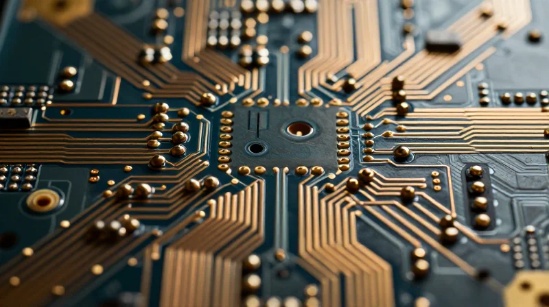 Macro close-up of intricate PCB trace geometry and micro-scale interconnects