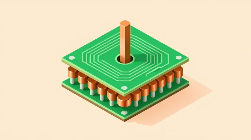 3D isometric illustration of a multi-layer PCB via structure