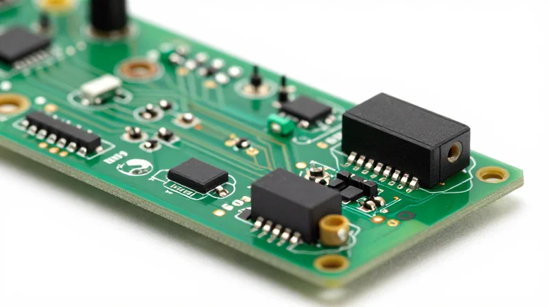 A close-up view of a traditional optical transceiver PCBA showcasing discrete electronic components and copper traces.