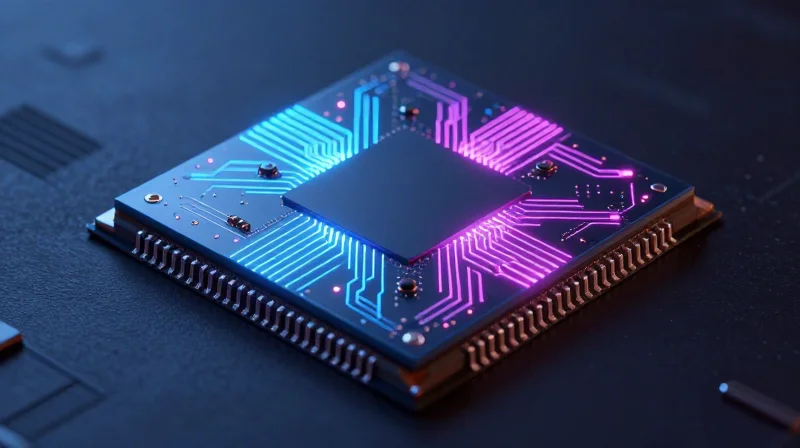 A conceptual image of a silicon photonics chip showing light pathways and integrated optical components.