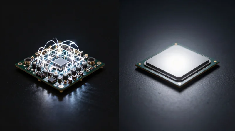 Side-by-side comparison visualization representing energy efficiency differences between discrete optics and silicon photonics.