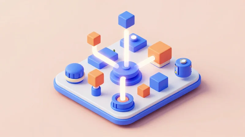 An isometric 3D visualization showing the integration of different optical components on a monolithic platform.