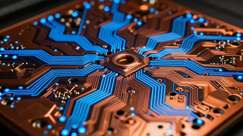Close-up of a high-tech PCB substrate with glowing signal paths showing stability