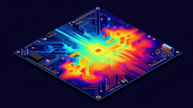 Thermal simulation visualization showing heat dissipation on a modern motherboard