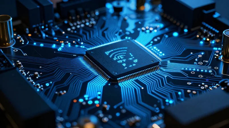 A close-up of a high-tech circuit board with intricate traces and glowing signal paths.