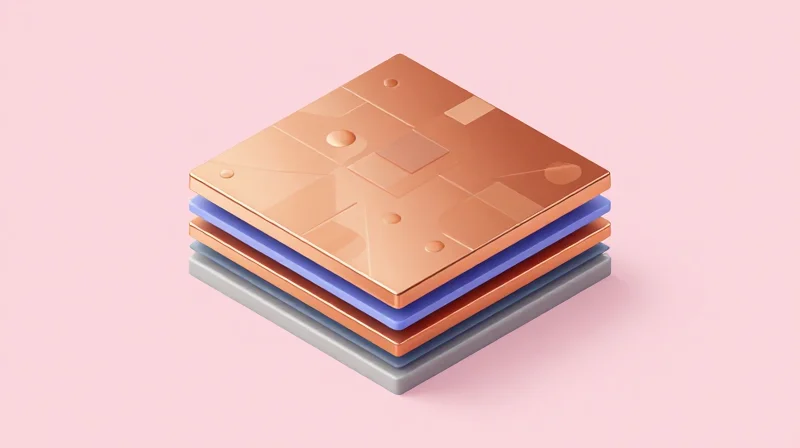 An isometric 3D representation of a multi-layer PCB stack-up.