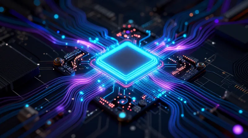 Abstract digital simulation of a motherboard performance.
