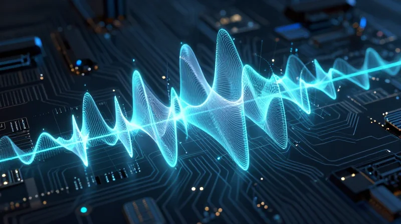 Abstract visualization of high-frequency electromagnetic waves propagating across a circuit board surface