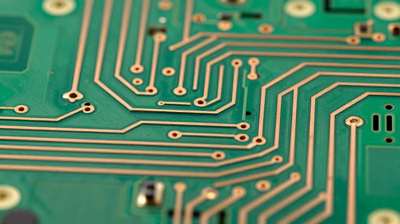 Macro view of perfectly aligned parallel circuit traces on a green PCB substrate showing precise geometry