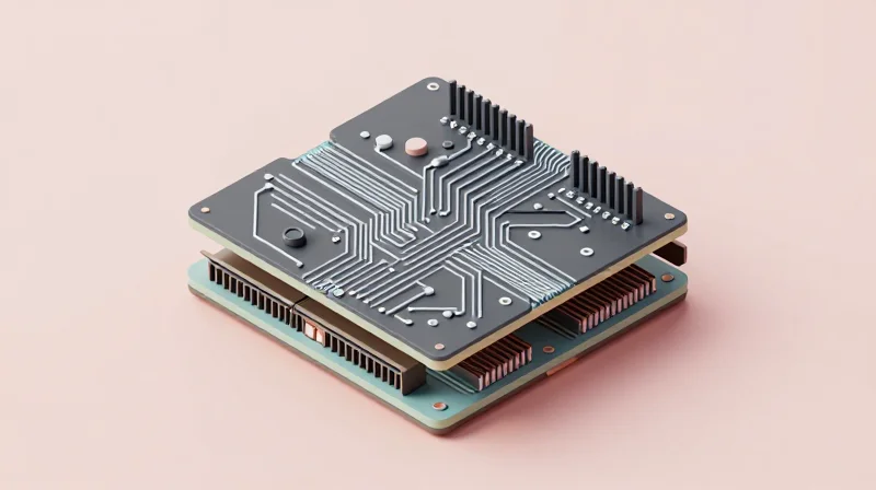 Isometric 3D model of a multi-layer PCB showing via stitching and shielding structures