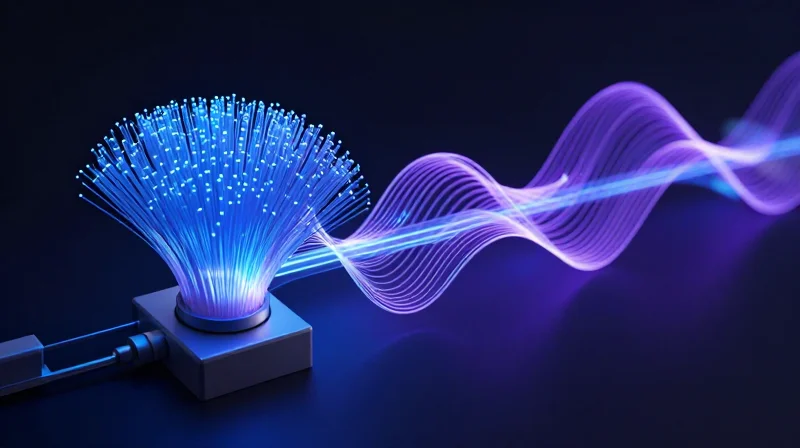 Conceptual 3D visualization showing the leap in signal bandwidth and frequency capacity between two generations of networking hardware