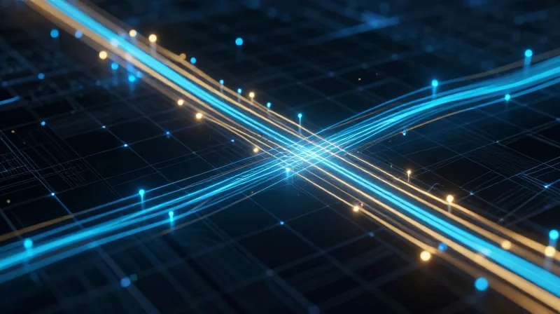 Glowing light paths representing high-speed signal integrity in a server environment.