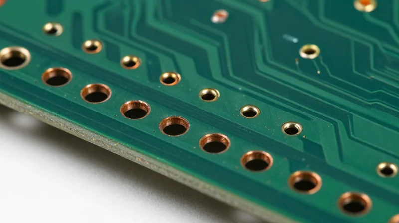 A microscopic view of laser-drilled vias in a high-layer count PCB board.