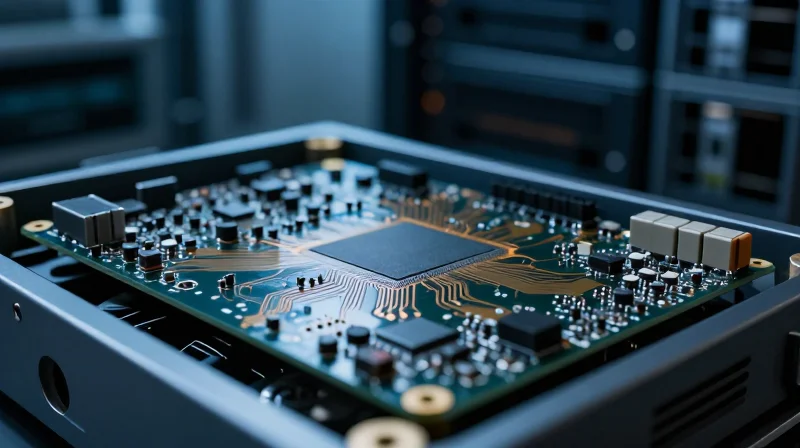 A high-detail closeup of a complex multi-layer printed circuit board inside a server rack, focusing on circuit patterns and gold-plated connectors.