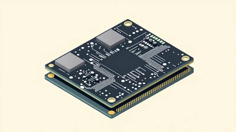 An isometric 3D representation of an HDI board showing internal layers, microvias, and buried vias in a structured, clean architectural style.