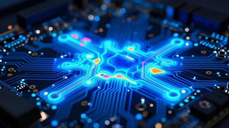 A thermal visualization effect on a circuit board showing heat dissipation patterns in shades of blue and deep red.