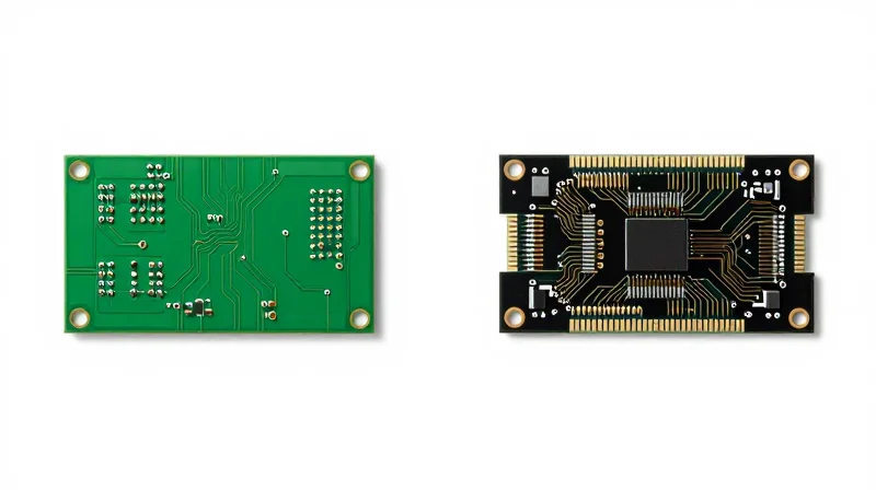 A split-screen comparison of a standard circuit board versus a premium high-layer board.