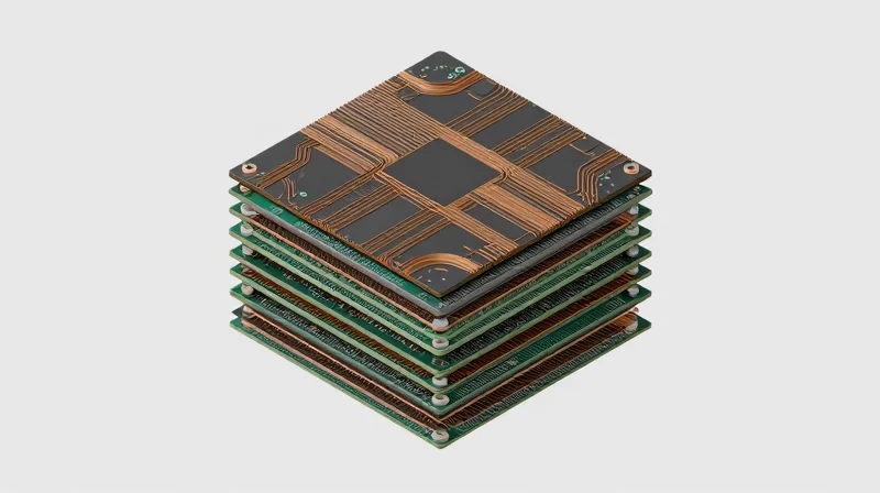 Isometric view of a complex 24-layer printed circuit board showing symmetrical inner core layers and signal routing patterns