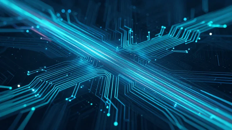 Abstract visualization of high-speed data flow and signal paths on a motherboard