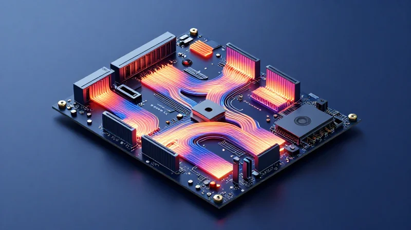 Conceptual 3D heatmap visualization of a server motherboard with thermal vias