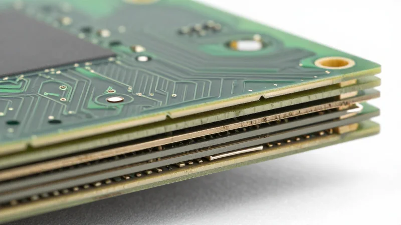 Cross-section of a high-layer count PCB showing intricate copper layers