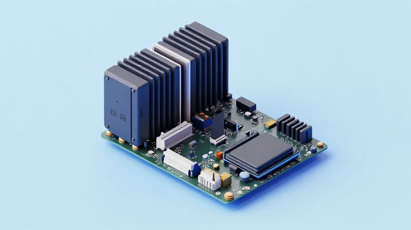 Isometric view of a server motherboard with heat sinks and thermal dissipation components